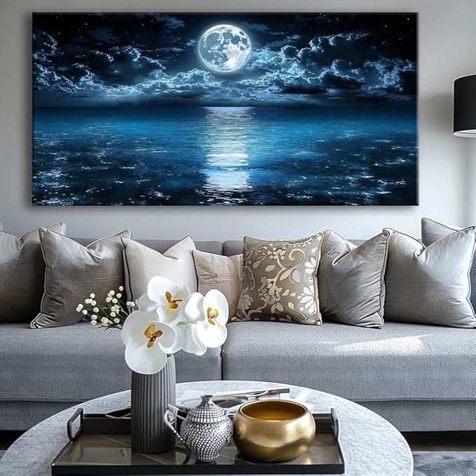 Big Moon Canvas Wall Art - Modern Seascape Paintings for Living Room, Bedroom Wall Decor, Framed Wall Art for Home or Office Decoration, Large Wall Art 20"x40"(50CMx100CM)