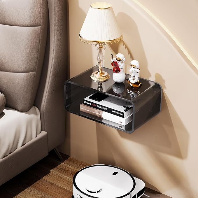 Acrylic Floating Nightstand, Bedside Table, Nightstand Shelf Wall Mounted Bedside Shelf (Black, Small)