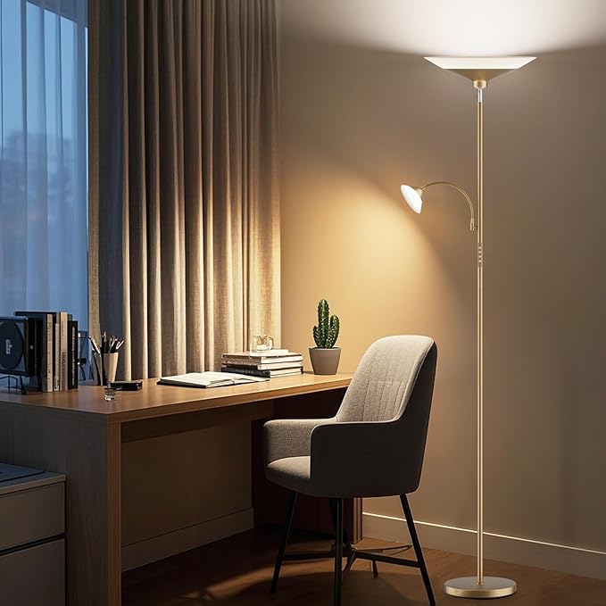 Gold Torchiere Floor Lamp - 2 Way LED Standing Lamp with Reading Light, Dimmable 72'' Tall Lamp with Remote Color Changing, 34W Mordern Uplighter for Living Room Bedroom Office