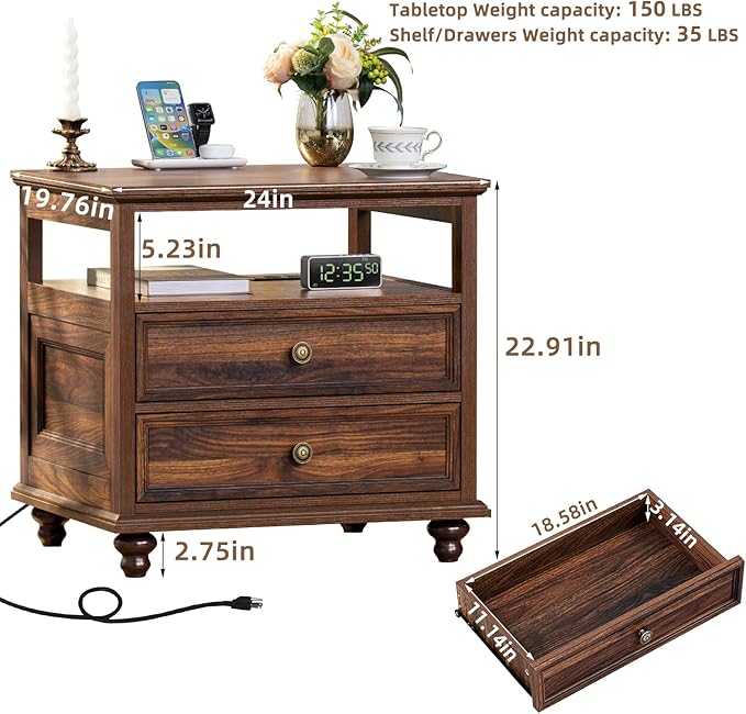 Farmhouse Nightstand with Charging Station, 24" Wide End Table with 2 Drawers,Brown Dresser for Bedroom, Bed Side Table Chest of Drawers Cabinet,Wood Night Stand for Living Room, Closet