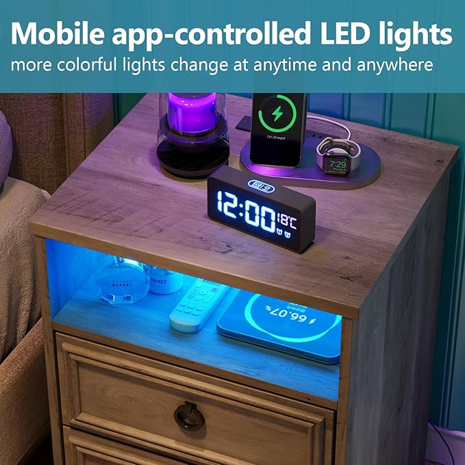Large Nightstand Set of 2 with Drawers,17.7"W Accent Night Stand with Charger Station LED Lights, Bed Side Table with 2 Drawers, End Table with Easy Open Storage for Bedroom, Living Room,Gray