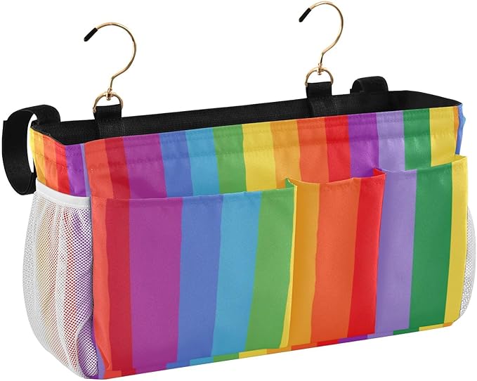 Bedside Caddy Hanging Bunk Bed Caddy Bed Organizer Hanging Pocket with 2 Hooks Bedside Storage Organizer Pocket Bag Holder Vibrant Colorful Stripes