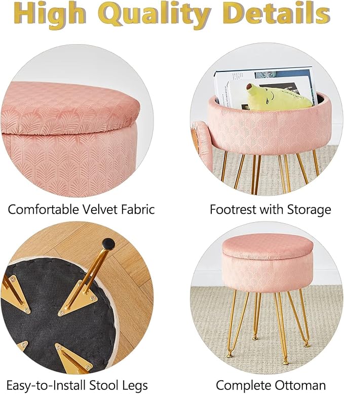 Cpintltr Foot Stool Velvet Storage Ottoman with Removable Lid Round Sofa Stools Foot Rest with Padded Seat Modern Style Makeup Stool Decorative Furniture Suitable for Lounge Dorm Room Blush
