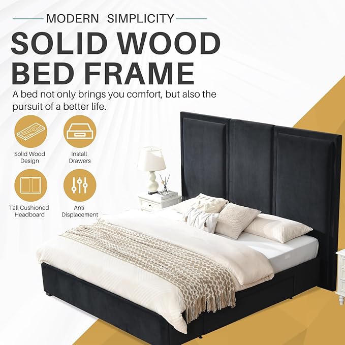 YUHUASHI King Size Bed Frame with 64-inch High Headboard, Simple and Airy Linen Upholstered Platform Bed with Storage Drawers, Wood Slat, No Noise (Ink Blue, King)