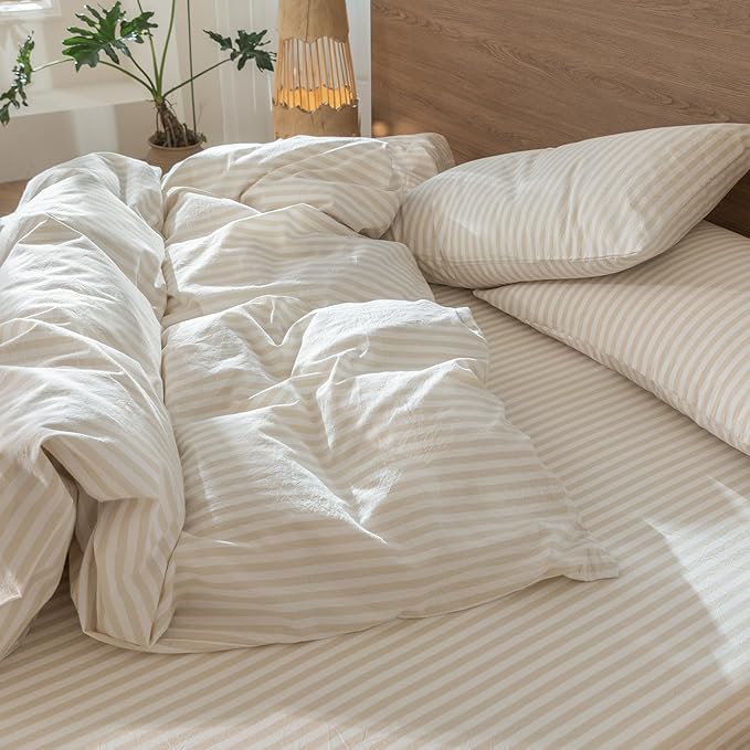 MooMee Striped Duvet Cover Set 100% Washed Cotton Linen Like Textured Breathable Durable Soft Comfy (Almond Milk Grey Classic Stripes, Twin 68"x90")