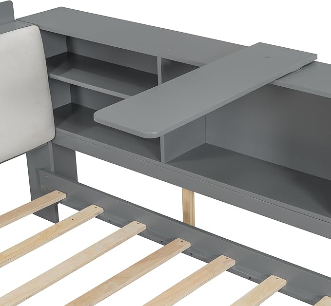 Ball & Cast Full Size Wooden Storage Daybed Frame, Modern Platform Bed with Drawers & Flip Headboard & Shelves, L Shaped Full Floor-Bed w/Upholstered Headboard&Storage, No Box Spring Needed, Gray