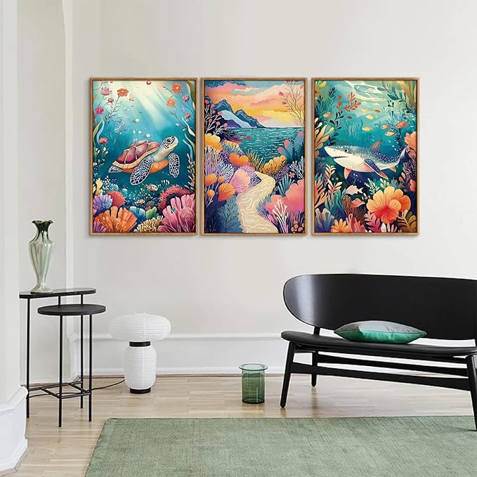 YeeHomedec Large Watercolor Ocean Themed Framed Canvas Wall Art, Sea Turtle Shark Wall Decor, Coastal Nature Landscape Art Print, Marine Life Poster for Kids Nursery Classroom Boys Bedroom 16"x24"x3