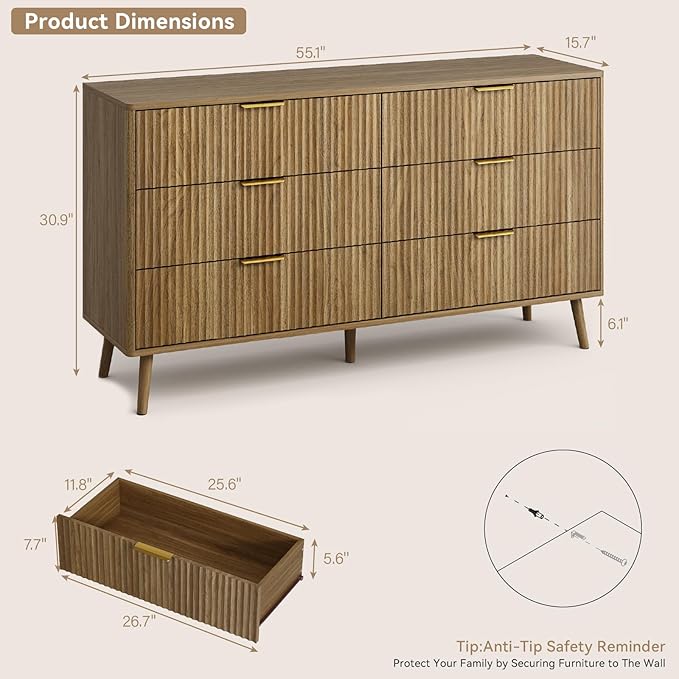 CARPETNAL Fluted 6 Drawer Dresser for Bedroom, 55" Wide Wooden Chest of Drawers with Rounded Corners, Gold Handles, Modern Storage Organizer for Bedroom, Hallway(Walnut)