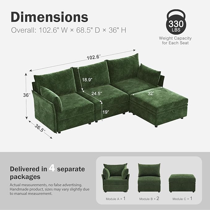 ABCASA 102.6" Modular Sectional Sofa, L Shaped Couch Set for Living Room, 3-Seater Comfy Cloud Couches with Movable Storage Ottoman,DIY Combination - Chenille Green