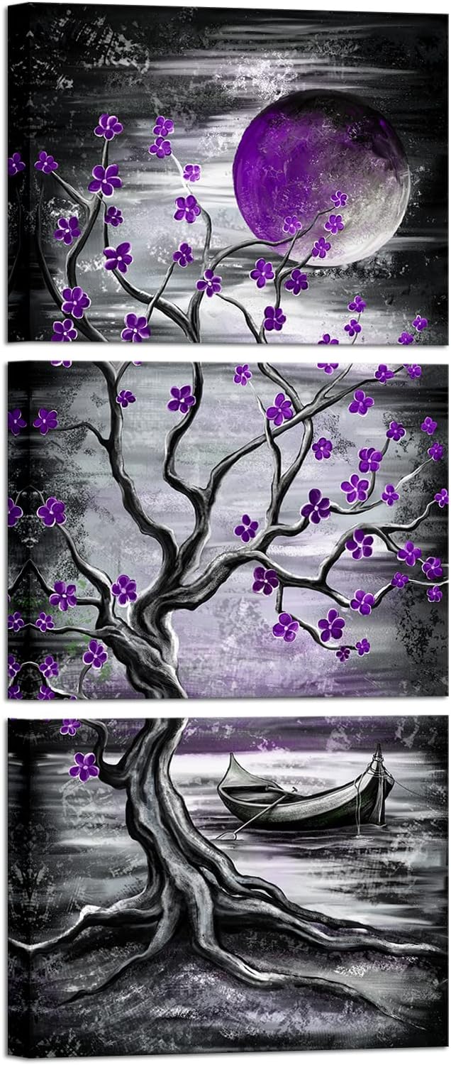 KREATIVE ARTS 3 Piece Full Moon Tree Canvas Wall Art Modern Abstract Black and White Tree Landscape Painting Prints for Bedroom Bathroom Decor Gallery Wrapped Artwork Ready to Hang (Purple)