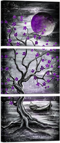 KREATIVE ARTS 3 Piece Full Moon Tree Canvas Wall Art Modern Abstract Black and White Tree Landscape Painting Prints for Bedroom Bathroom Decor Gallery Wrapped Artwork Ready to Hang (Purple)