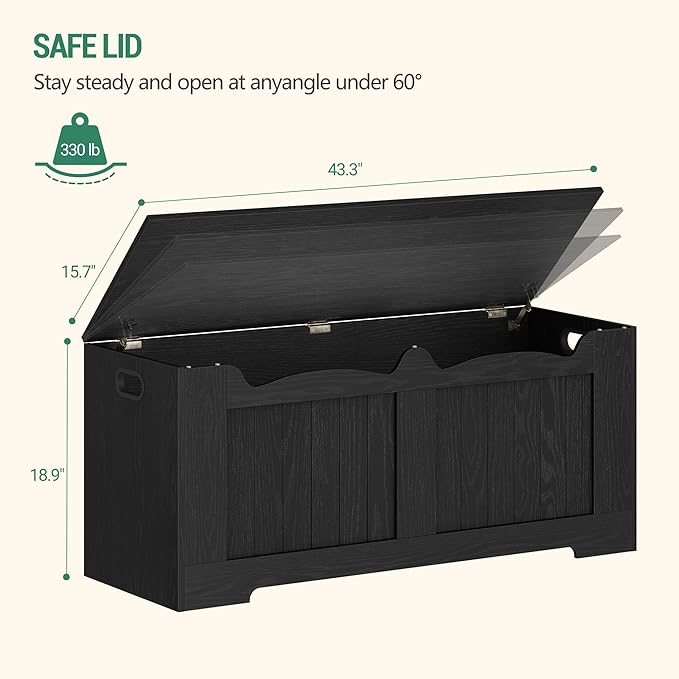 Hzuaneri 43.3" Storage Chest, Extra Large Storage Bench Trunk with 2 Hinges, Wooden Box, Lift-Top Chest Organizer, Shoe Bench for Entryway, Bedroom, Living Room, Black SB25504X
