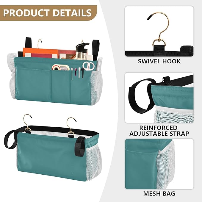 KOPIRIT Navy Teal Bedside Caddy Storage Bag Bedside Organizer for College Dorm Top Bunk Bed Hanging Storage Organizer 6 Pockets with Hooks for Drinks Magazine Phone Holder