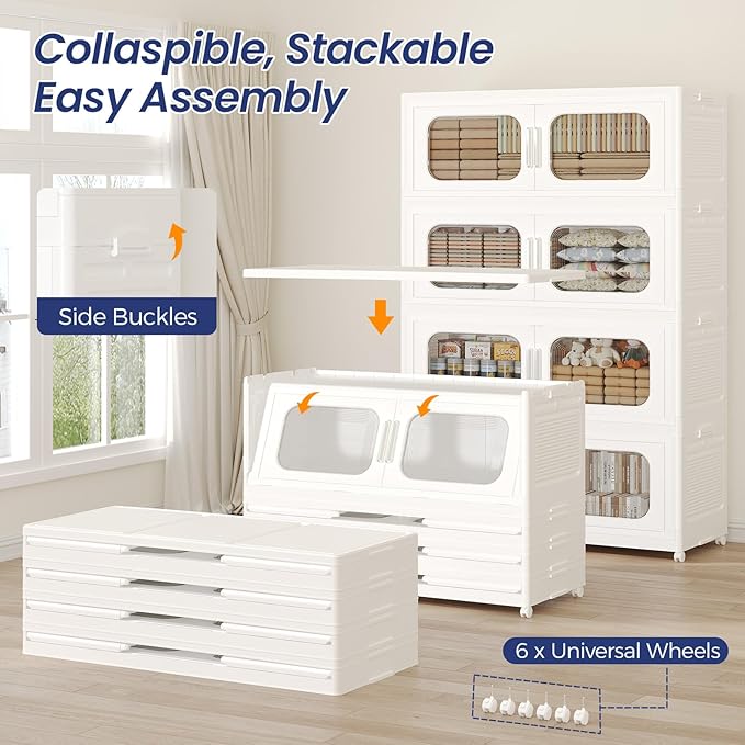 250GAL Extra Large Storage Bins with Lid, 1000QT Storage Bins with Wheels, Folding Closet Organizer, Stackable Collapsible Plastic Storage Containers for Home, Office, Kitchen, 5Pack White