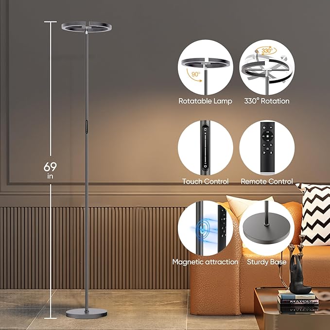 Gunmetal Gray LED Floor Lamp - Rotatable Standing Lamp for Living Room Bedroom, 22W Dimmable Floor Readig Light with Touch/Remote Control, Modern Corner Lamp for Office, Brightness Adjustable