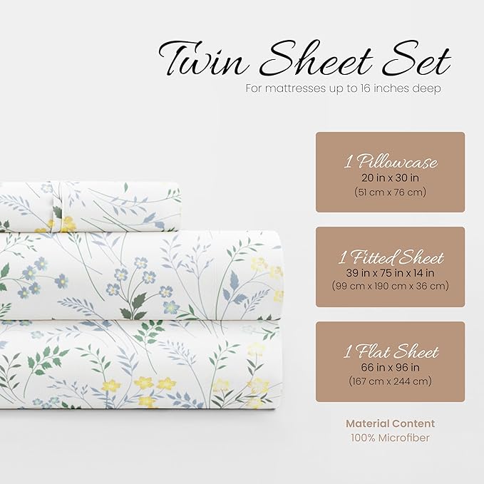 Linen Market Double-Brushed Patterned Microfiber Twin Sheet Set 3 Piece – Oeko-TEX Certified Ultra Soft & Wrinkle-Free - 16" Deep Pocket Sheets - Easy Care Twin Size - Wildflower Light Blue