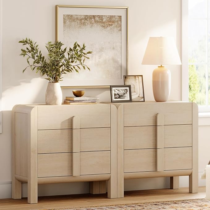 WAMPAT 6 Drawer Dresser for Bedroom, 2 in 1 63" Wide Mid Century Modern Wide Chest of Drawer, Wood Tall Nightstand with Curved Edge Handles, Closet Dresser TV Stand for Bedroom, Beige
