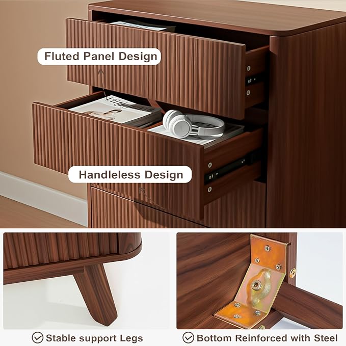 Fluted 5 Drawers Dresser for Bedroom, 47" Tall Handleless Chest of Drawers with Faux Marble Top, Curved Profile Design, Wood Drawer Organizerfor forLiving Room, Hallway, Entryway, Walnut
