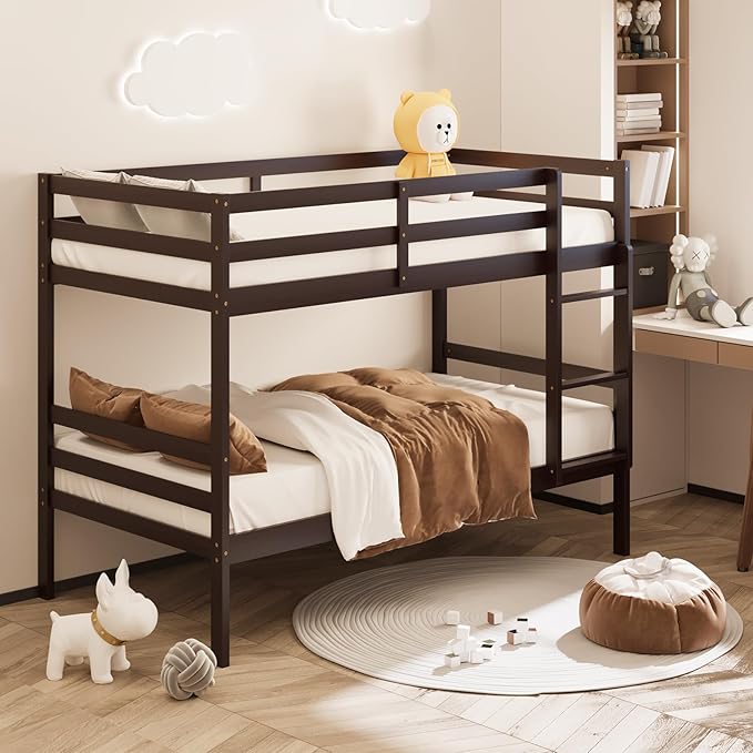Giantex Bunk Bed Twin Over Twin, Solid Wood Bunk Bed with Sturdy Ladder & 12 Inch Safety Guard Rails, Twin Size Wood Bed Frame for Dormitory, No Box Spring Needed, Bunk Beds for Kids Teens, Espresso