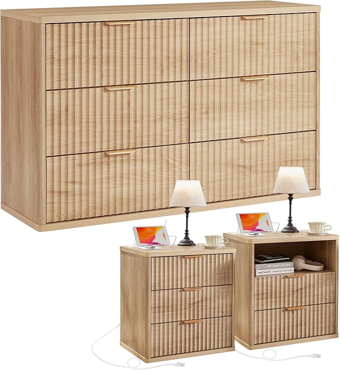 LEYAOYAO 48" Wide Fluted Dresser and 23" Nightstand Set of 2, Wooden Dresser & Night Stand with Charging Station, 3 Piece Bedroom Furniture Set, Chest of Drawer for Living Room,Natural Wood
