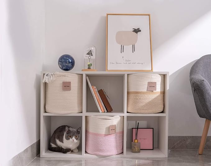 voten Cube Storage Baksets Bins 11x11’’ Fit 12x12’’ Organizer Bookcases Shelving,Stylish&Durable Woven Cotton Basket Containers for Organizing 3-Pack Off White/Mixed Pink