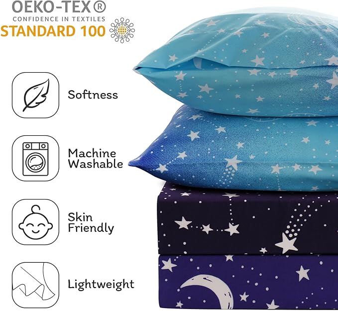 JSD Gradient Blue Moon Stars Kids Sheet Set Twin Size, 3 Piece Space Theme Microfiber Sheets Deep Pocket