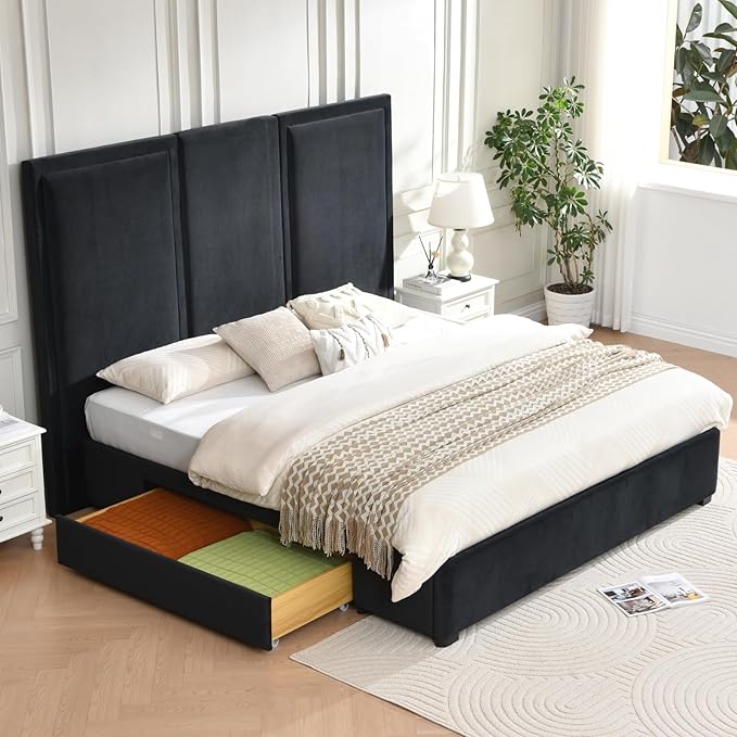 YUHUASHI King Size Bed Frame with 64-inch High Headboard, Simple and Airy Linen Upholstered Platform Bed with Storage Drawers, Wood Slat, No Noise (Ink Blue, King)