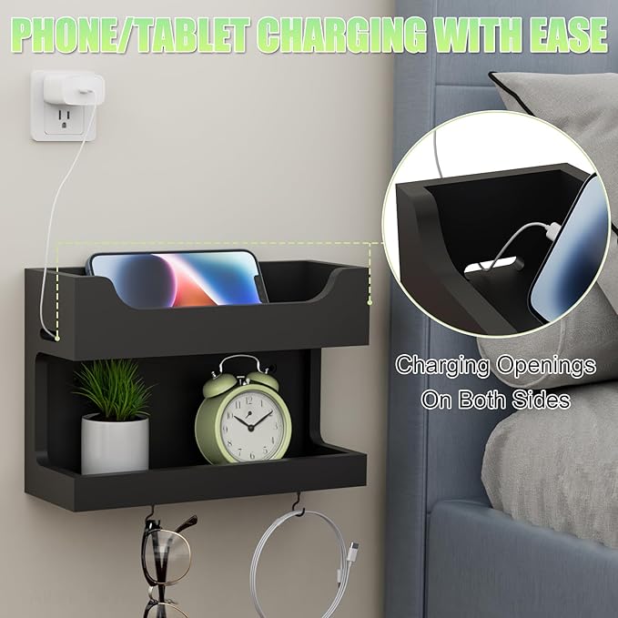 NiHome Wall Mounted Wooden Bedside Accessories Organizer, Double Tray Bedside Storage Shelf Rack with Magnetic Hooks, Bedroom Dorm RV Wall Caddy Holder for Phone Glasses Alarm Clock Remote (Black)