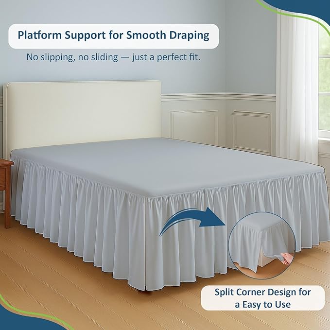Rajlinen Ruffled Bed Skirt Twin XL, 14 Inch Drop Dust Ruffle with Split Corners, 100% Microfiber Bedskirt with Platform, Three-Sided Coverage Ruffled Gathering Design, Light Grey