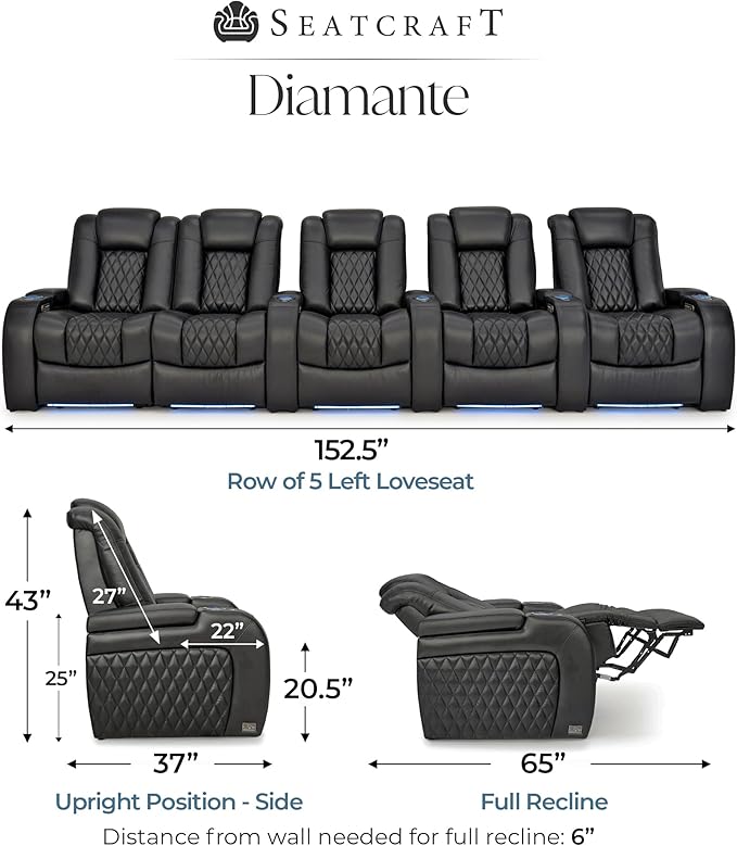 Seatcraft Diamante Zero-Gravity CoolZero Italian Leather Home Theater Seating, Power Headrest, Power Recline, Row of 5 Left Loveseat, Black