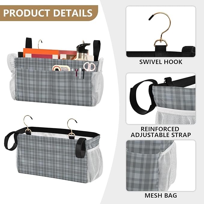 Bedside Caddy Hanging Bunk Bed Caddy Bed Organizer Hanging Pocket with 2 Hooks Bedside Storage Organizer Pocket Bag Holder Grey Plaid