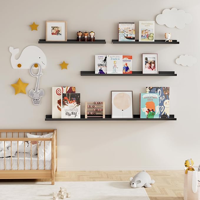Fun Memories Picture Ledge Shelf for Wall, Floating Shelves Set of 4, 36 Inch Long Nursery Book Shelves for Toys Storage, Kids Bookshelf Wall Mounted for Books Photo Frames, Black