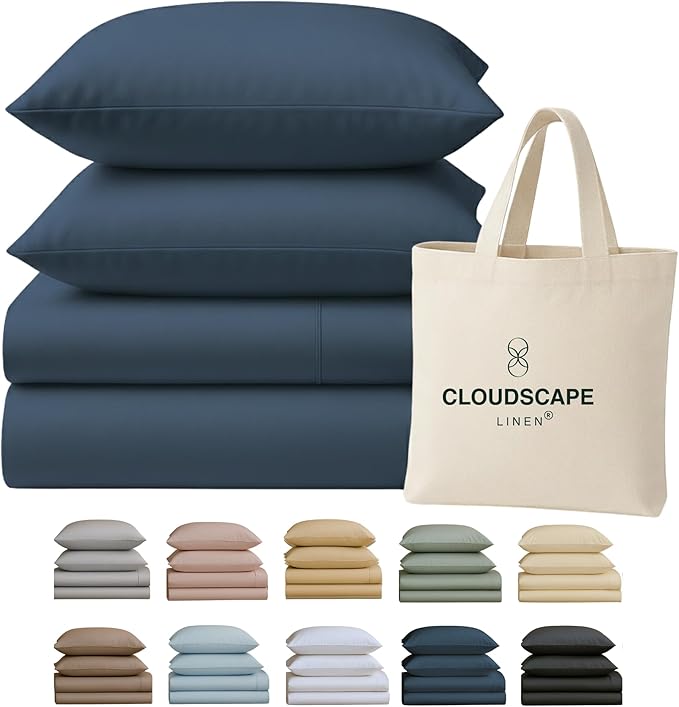 Cloud Scape Linen 100% Egyptian Cotton Sheets for Queen Size Bed, 400 Thread Count, 4 Pieces Bedding Set, Hotel Quality, Silky Soft, Deep Pockets up to 17”, Dark Denim