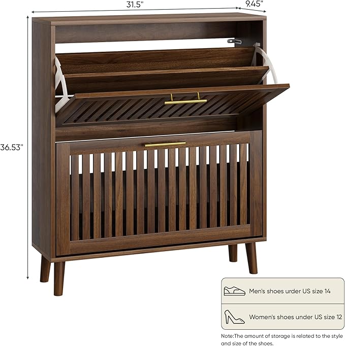 Shoe Storage Cabinet with 2 Flip Slatted Drawers, Narrow Wood Shoe Cabinet with Gold Handle, Hidden Entryway Shoe Organizer for Hallway, Foyer, Walnut