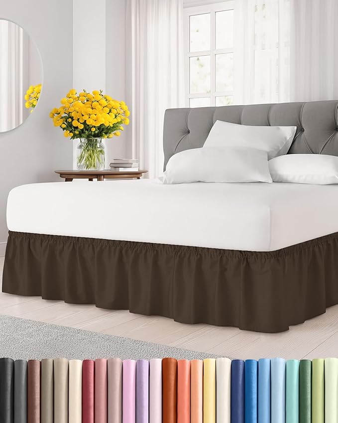 Wrap Around Dust Ruffle Bed Skirt - Brown - for Full Size Beds with 15 Inch Drop - Easy Fit Elastic Strap - Adjustable Pleated Bedskirt w/Brushed Fabric - Wrinkle Free - for Women, Men, Kids & Teens