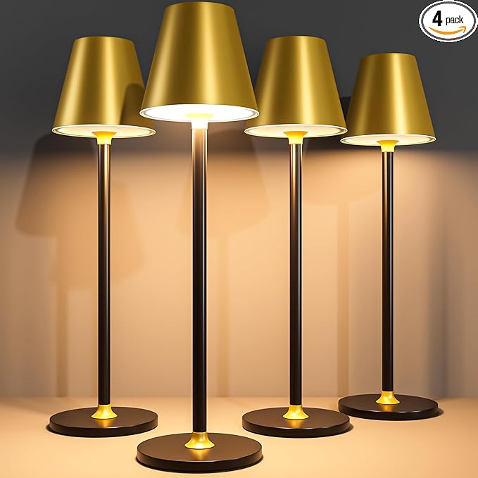 LED CordlessTable Lamp,4000mAh Rechargeable Battery Desk lamp,3 Level Brightness Beside Night Light, Minimalist Design, for Couple Dinner/Coffee Table/Restaurant/Bedroom(Gold&Black 4PACK)
