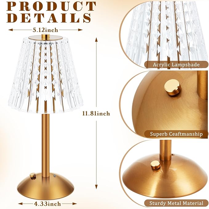 Liliful 6 Pcs Cordless Table Lamp Rechargeable Touch LED Small Gold Portable Battery Operated USB-c Desk Lamp 3 Color Dimmable for Bedroom Living Room Dining (Gold,Classic Style)