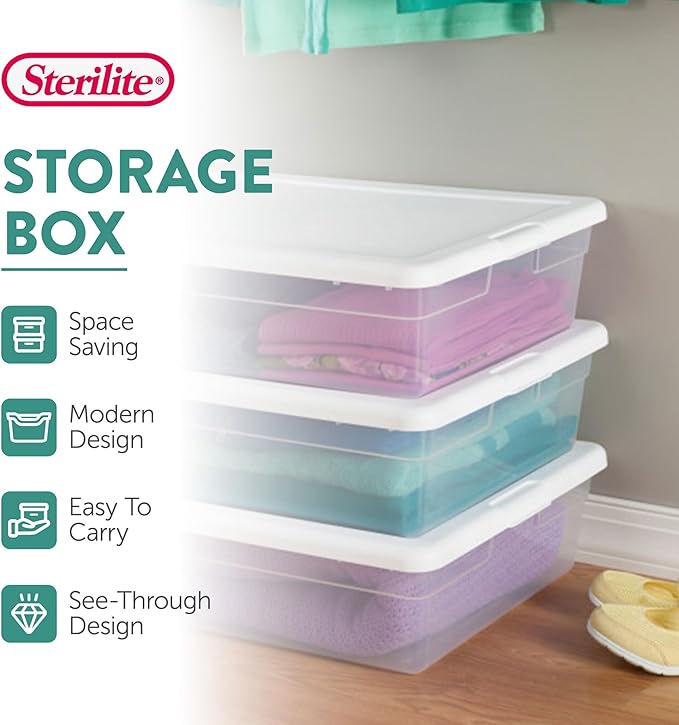 Sterilite 30-Pack Storage Box, Stackable Clear Plastic Bins with Snap-On Lids, 28 Quart