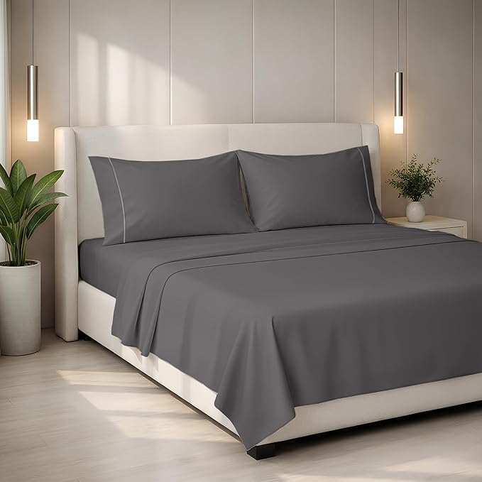 Mayfair Linen 100% Egyptian Cotton King Sheets Set - 2000 Series Luxury Sheet King Size Bed Set, Silky Soft & Cooling, Sateen Weave 17" Extra Deep Pocket Hotel Collection Sheet (4 Pc, Dark Grey)