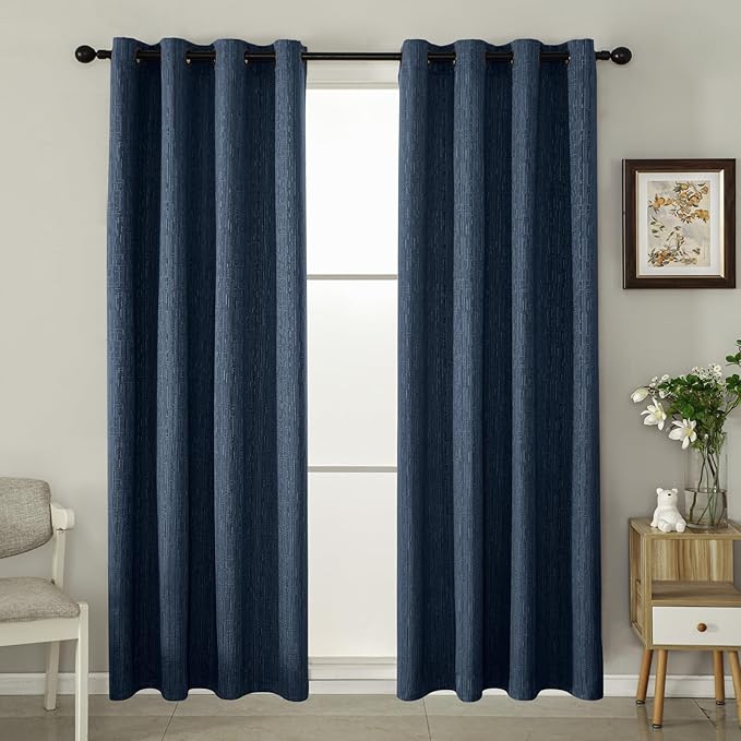 Jacquard Linen Curtains 84 inch Length 2 Panels Thick Faux Linen Blended Window Drapes Burlap Textured Curtains with Grommet for Living Room Bedroom Farmhouse (52x84 Navy) Natural