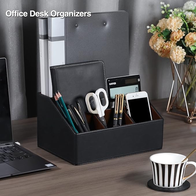 MEIBOOCH PU Leather Desk Organizer, Luxury Remote Control Holder for Home, Office Desk Accessories Table Caddy Bedside Nightstand Organizer (Black)