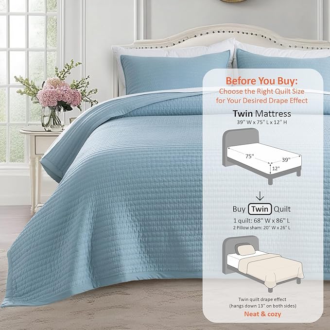 KASENTEX Twin Quilt Set 68"x86" – Soft Washed 3-Layer Lightweight Bedspread, Minimalist Nordic Design, All-Season Spring & Summer Quilt Set (1 Quilt + 2 Pillow Shams), Blue