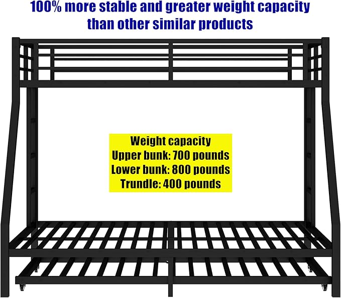 LUCALEO Stronger & Truly Reinforced Heavy Duty Metal Bunk Bed Twin XL Over Queen Size Bunkbed, Thickened More Stable & Safer Steel Bunk Bed Frame with Twin Size Trundle (Greater Weight Capacity)