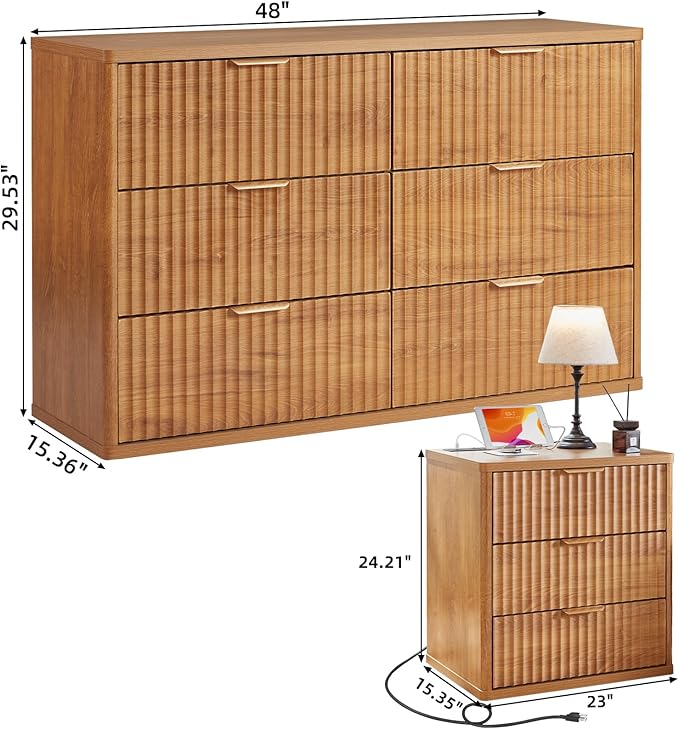 LEYAOYAO Fluted Dresser and Nightstand Sets, Wood 48" Wide Dresser & 23" Night Stand with Charging Station, 2 Piece Bedroom Furniture Set, Chest of Drawers for Bedroom, Home, Living Room, Brown