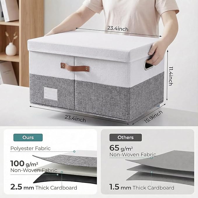 PRANDOM Storage Bins with Lids [3-Pack] Linen Fabric Foldable Storage Boxes Organizer Containers Baskets Cube with Cover Grey&White (23.4X15.9X11.4)