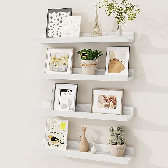 Fun Memories Picture Ledge Shelf, Solid Pine Wood Floating Shelves Set of 4, 16 Inches Nursery Book Shelves for Toys Storage, Kids Bookshelf Wall Mounted for Living Room Decor Photo Frames, White
