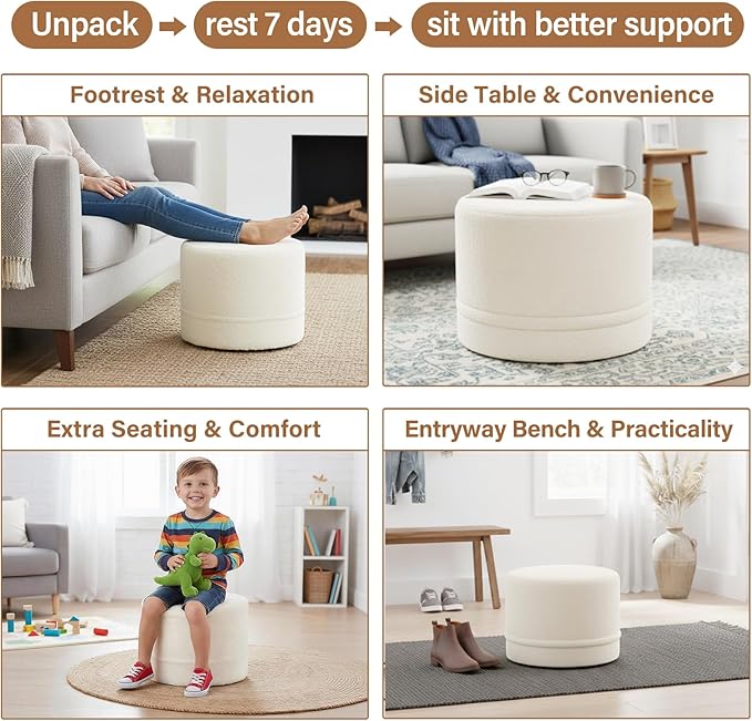 Tiita Round Stuffed Pouf Ottoman, Plush Poufs with Foam Chunk Filling, Foot Rest Stool for Living Room, Cream