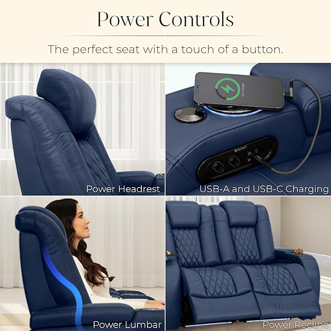 Seatcraft Diamante Zero-Gravity CoolZero Italian Leather Home Theater Seating, Power Headrest, Power Recline, Row of 3 Right Loveseat, Navy Blue