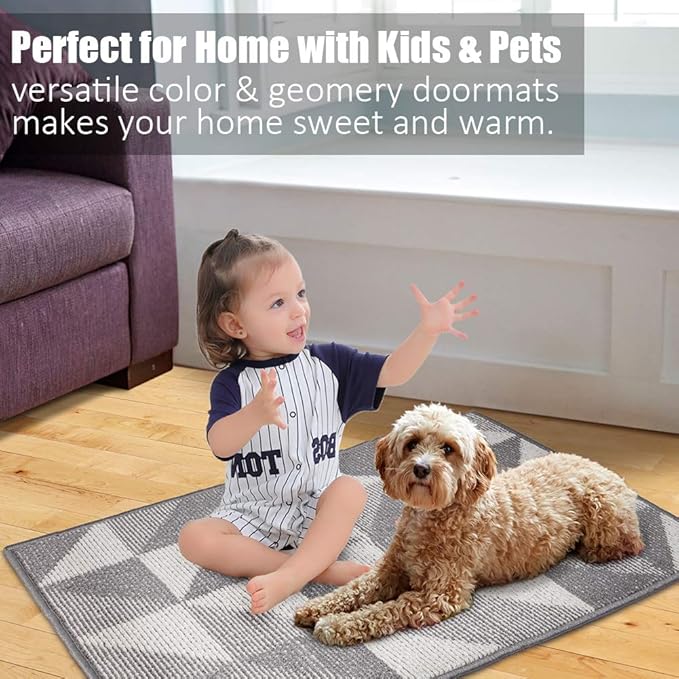 Indoor Doormat 32"x 48", Absorbent Front Back Door Mat, Rubber Backing Non Slip Floor Mats Inside Mud Dirt Trapper Outside Entrance Front Door Rug Carpet, Machine Washable Low Profile - Grey Geome