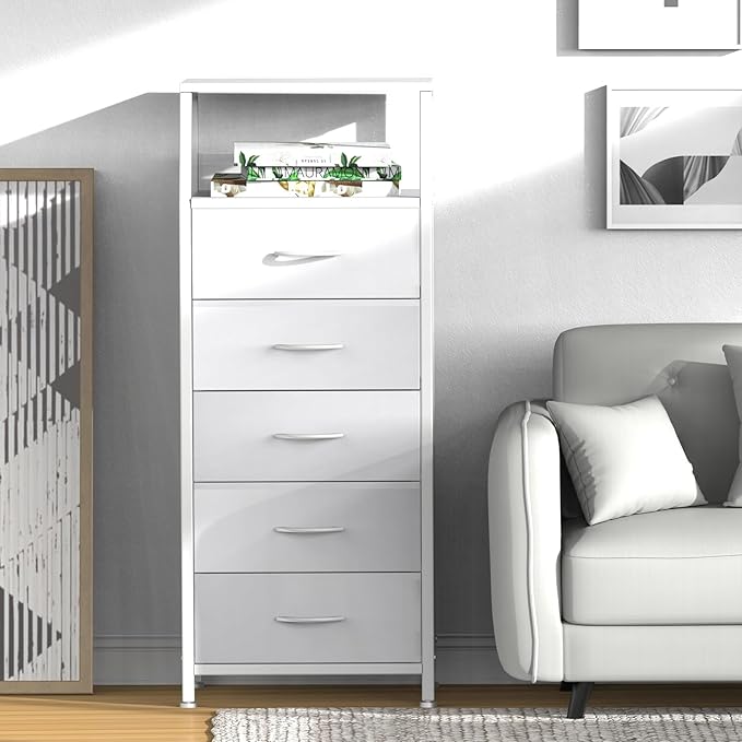 Ollieroo White Dresser for Bedroom, Storage Organizer with 5 Drawers, Vertical Fabric Storage Tower, Nightstand Bedside Table, Sturdy Steel Frame & Wooden Top